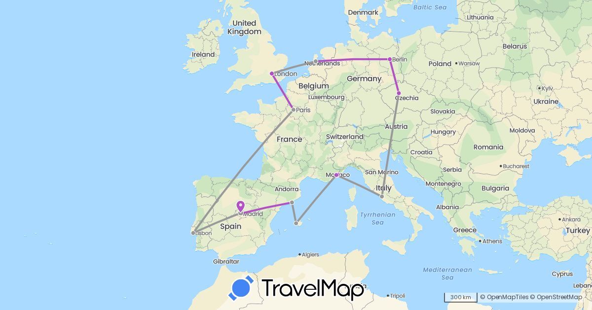 TravelMap itinerary: driving, plane, train in Czech Republic, Germany, Spain, France, United Kingdom, Italy, Monaco, Netherlands, Portugal (Europe)